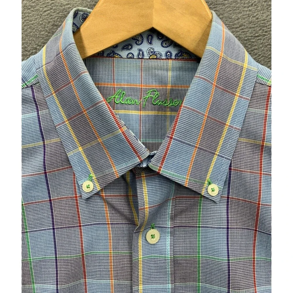 Alan Flusser Men's Multicolor Plaid Button Down Shirt Long Sleeve Large Cotton